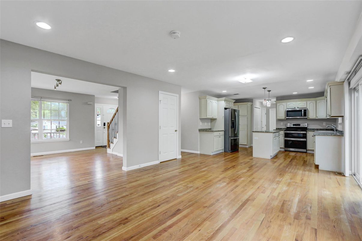 Chandelier, Interior, Kitchen, Recessed Lighting, Stainless Steel Appliances, Wood Texture Flooring