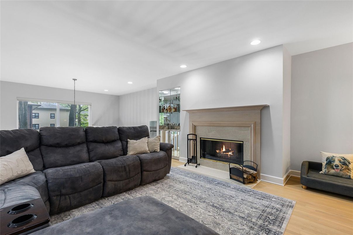 Fireplace, Interior, Living room, Recessed Lighting, Wood Texture Flooring