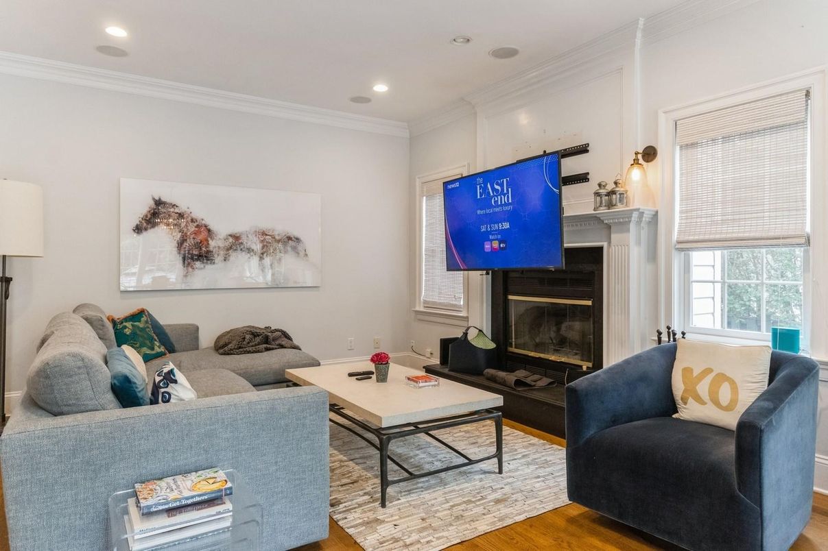 Fireplace, Interior, Living room, Recessed Lighting, Wood Texture Flooring