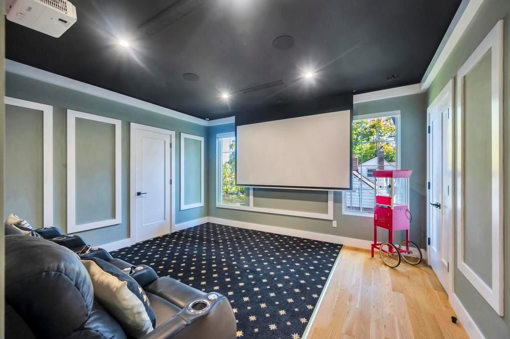 Home Theatre Room, Interior, Projection Screen, Recessed Lighting, Theatre Room, Wood Texture Flooring
