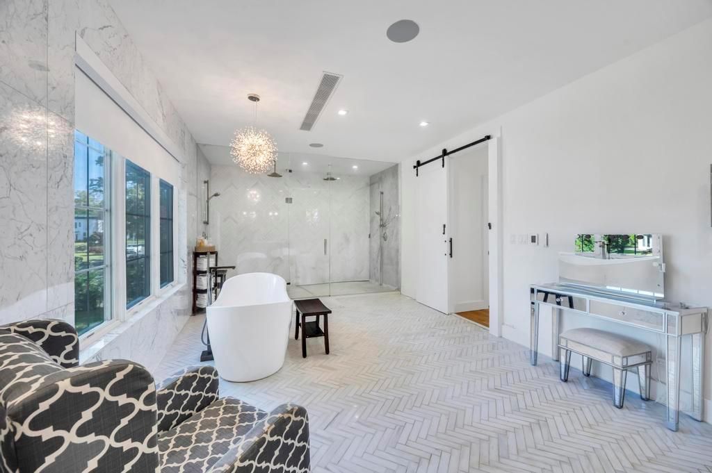 Bathroom, Chandelier, Free Standing Baths, Interior, Marble Walls, Recessed Lighting