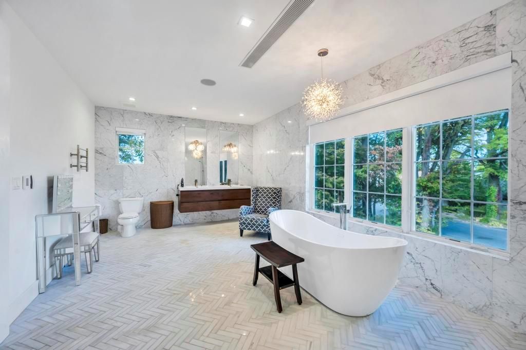 Bathroom, Chandelier, Free Standing Baths, Interior, Marble Walls, Recessed Lighting
