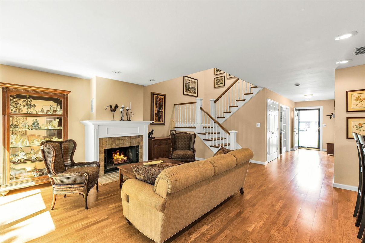 Fireplace, Interior, Living room, Recessed Lighting, Wood Texture Flooring