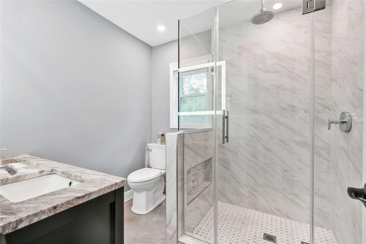 Bathroom, Glass Shower, Interior, Marble Walls, Recessed Lighting