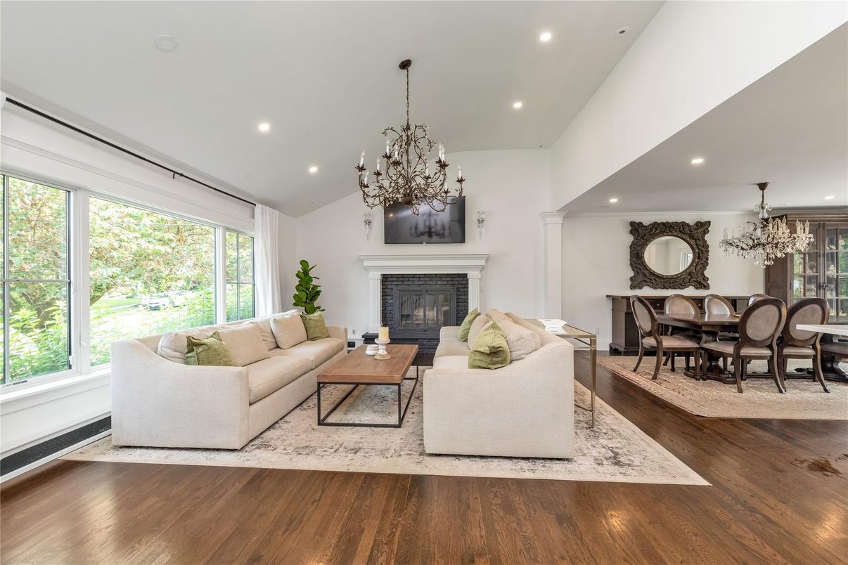 Chandelier, Dining room, Fireplace, Interior, Living room, Recessed Lighting, Wood Texture Flooring