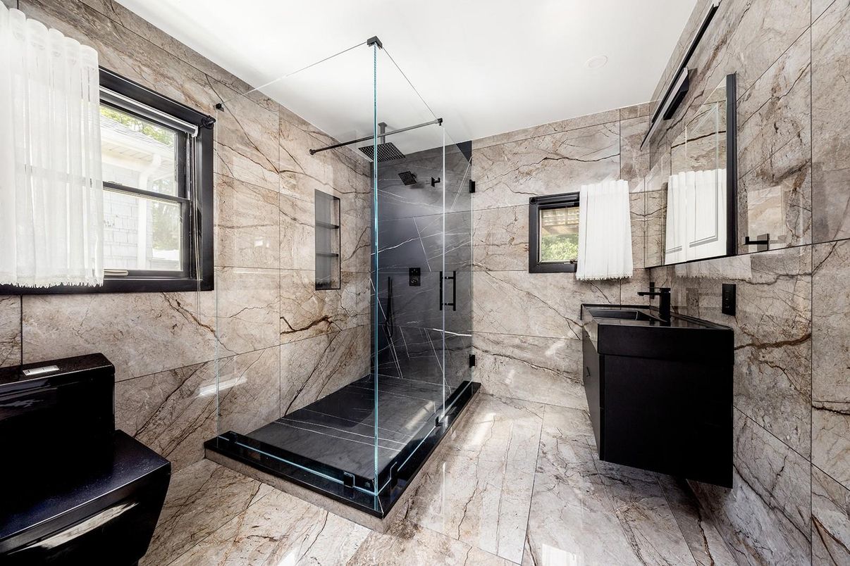 Bathroom, Glass Shower, Interior, Marble Walls, Stone Walls