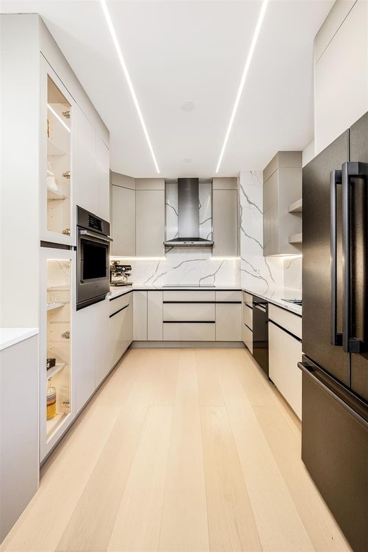 Interior, Kitchen, Marble Walls, Recessed Lighting, Wood Texture Flooring