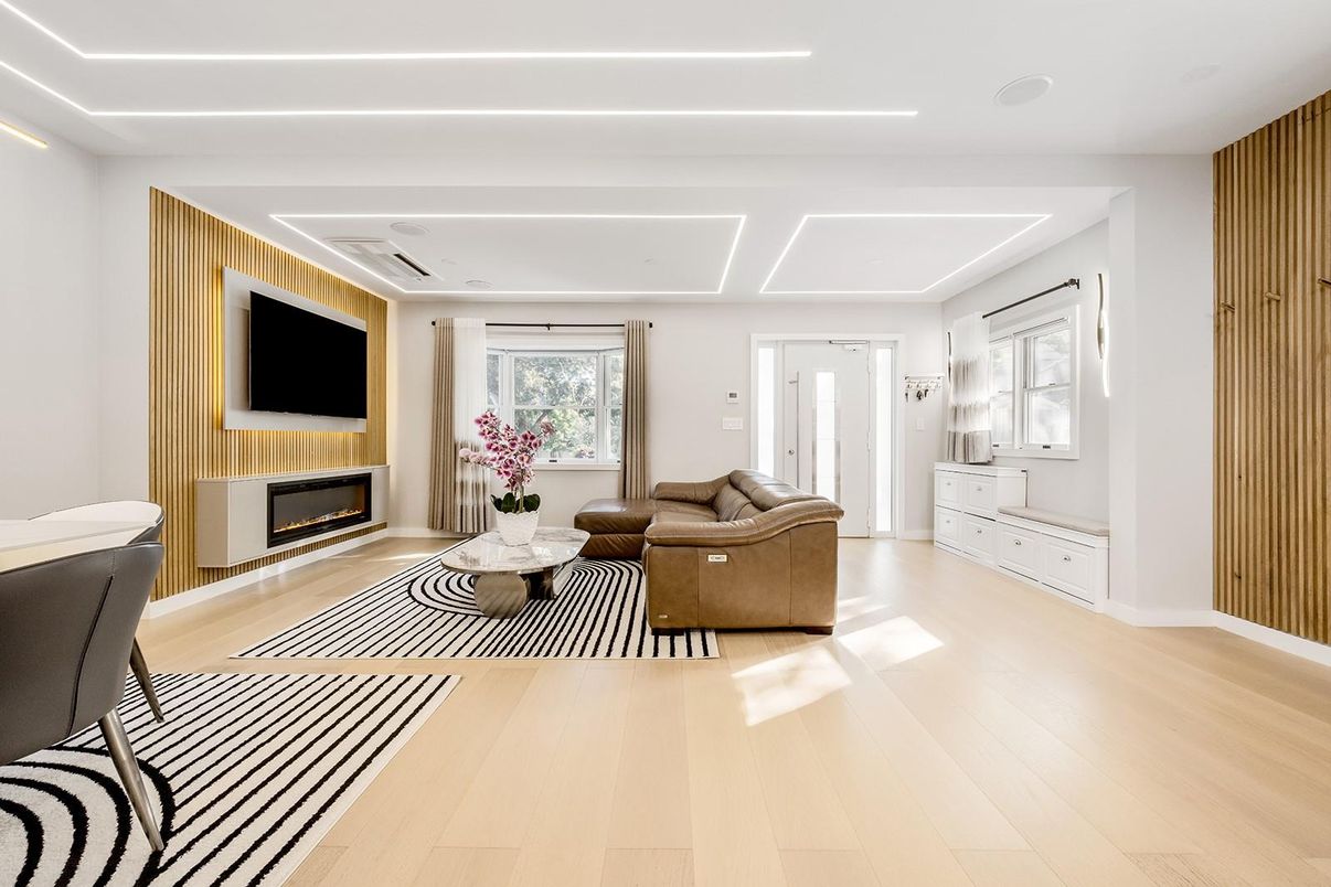 Fireplace, Interior, Living room, Recessed Lighting, Wood Texture Flooring, Wooden Walls