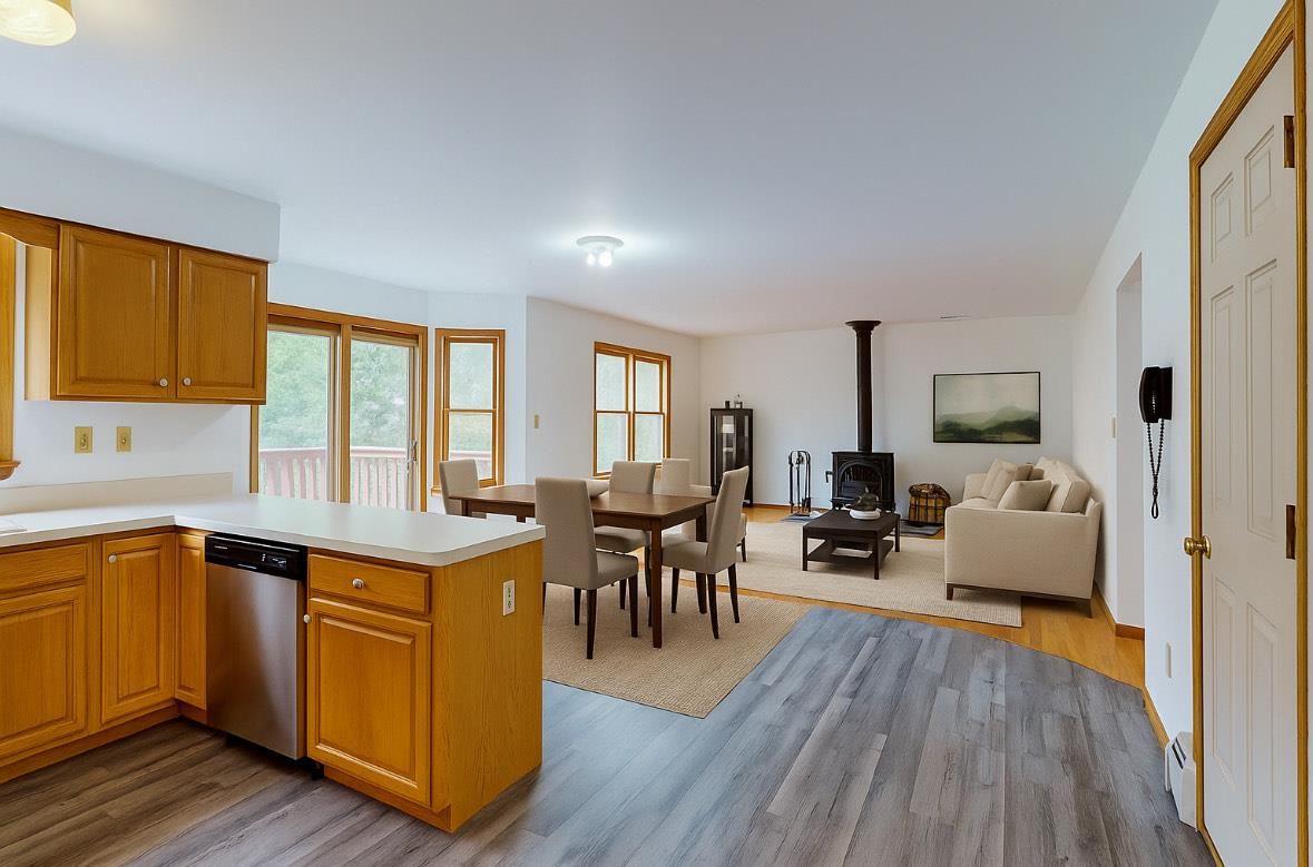 Dining room, Fireplace, Interior, Kitchen, Living room, Wood Texture Flooring