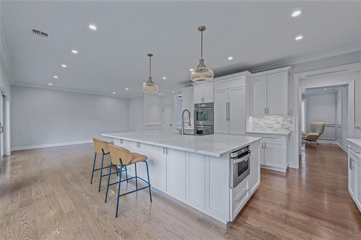 Interior, Kitchen, Pendant Lights, Recessed Lighting, Stainless Steel Appliances, Wood Texture Flooring