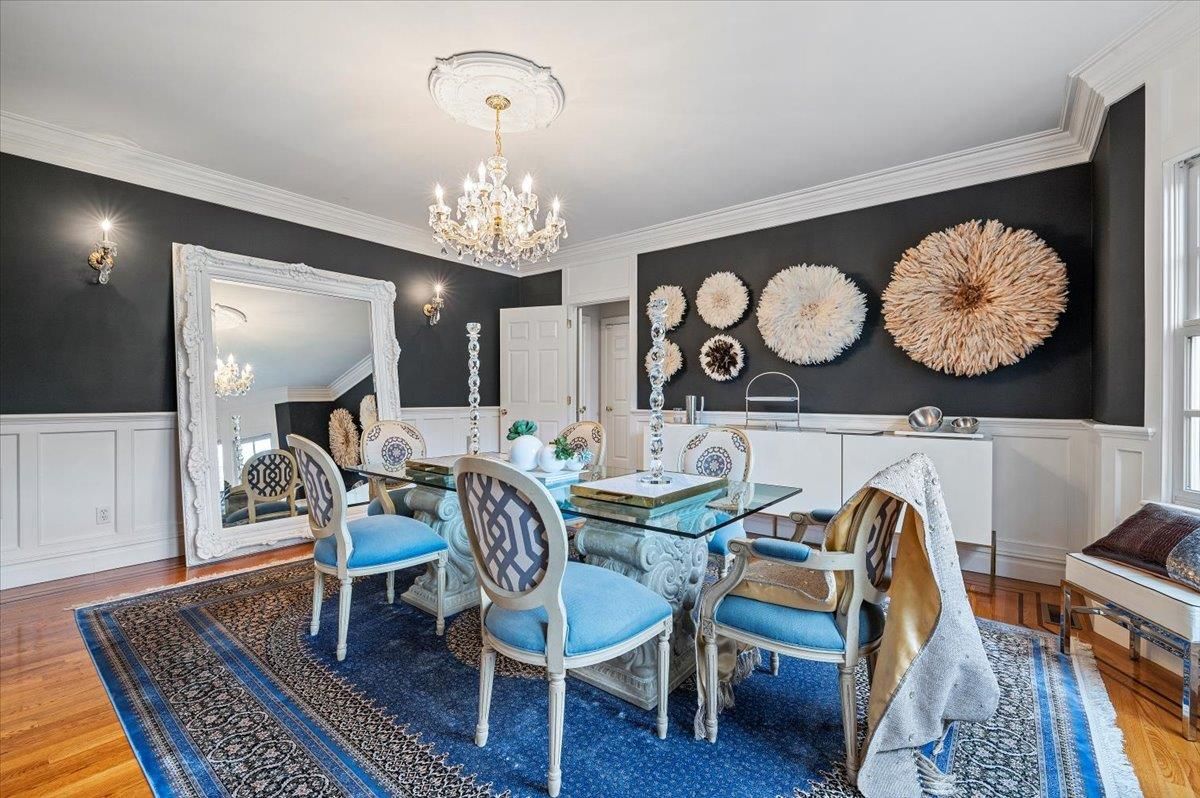 Chandelier, Dining room, Interior, Wood Texture Flooring
