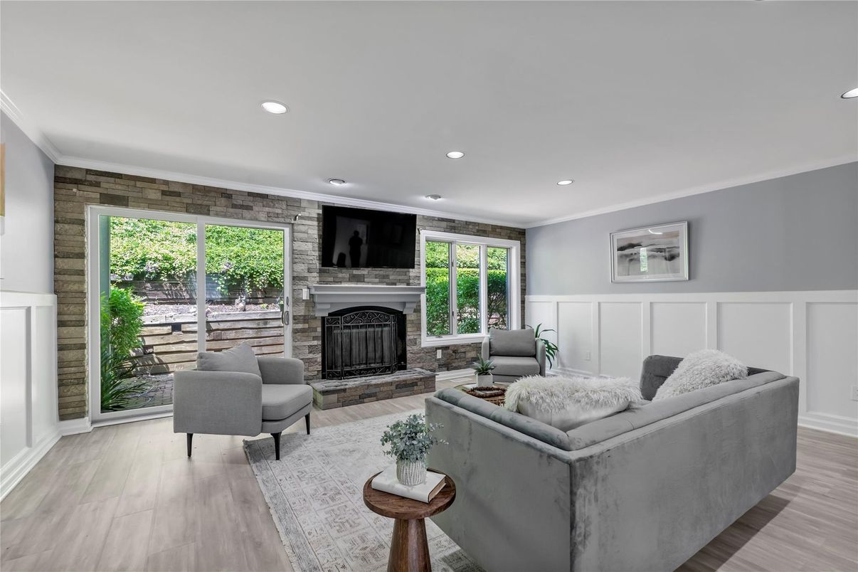 Fireplace, Interior, Living room, Recessed Lighting, Wood Texture Flooring