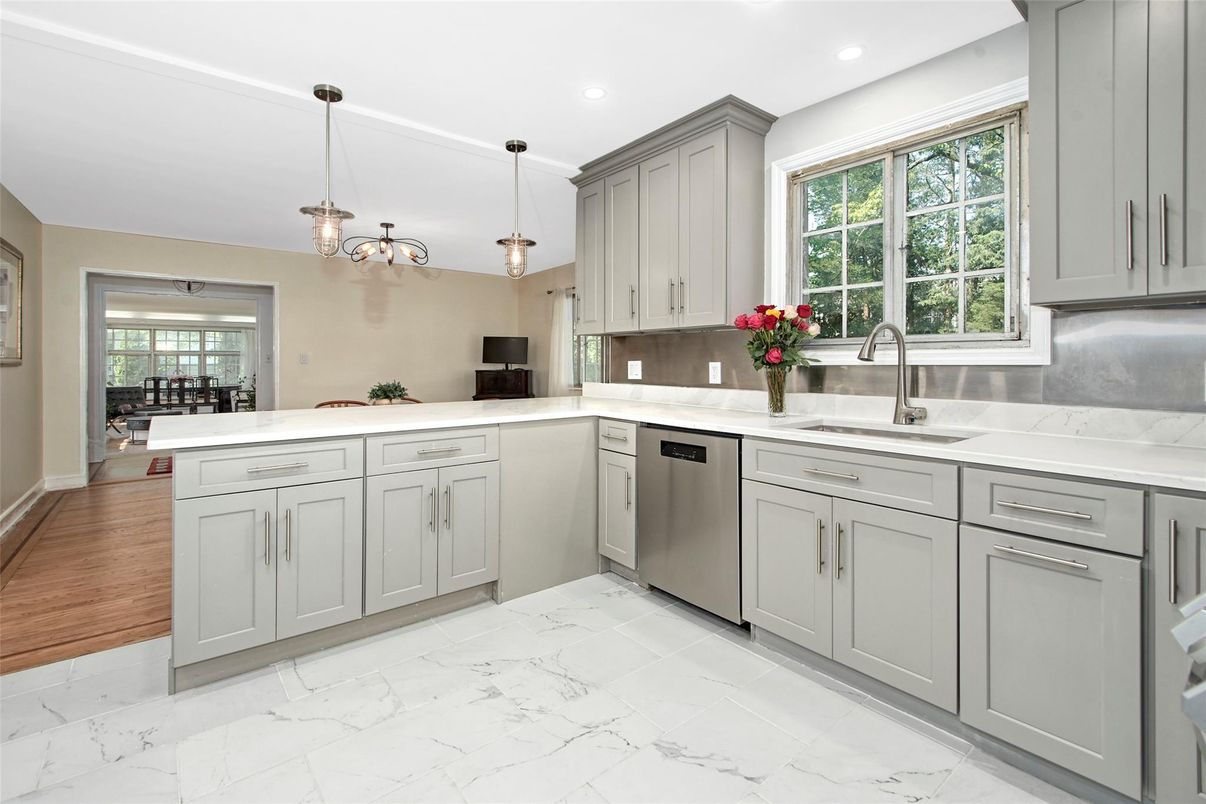Interior, Kitchen, Marble, Pendant Lights, Recessed Lighting, Stainless Steel Appliances, Wood Texture Flooring