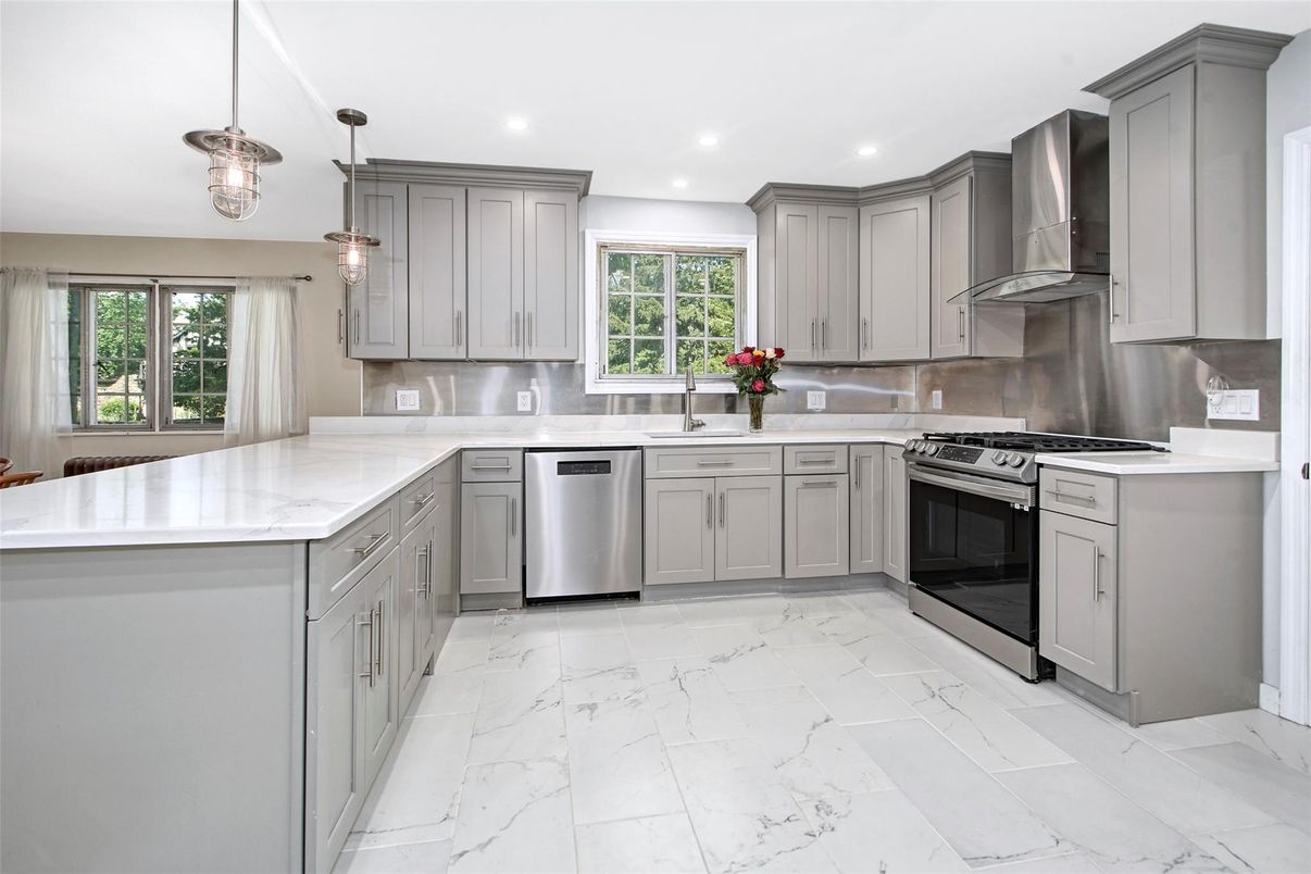 Interior, Kitchen, Marble, Pendant Lights, Recessed Lighting, Stainless Steel Appliances