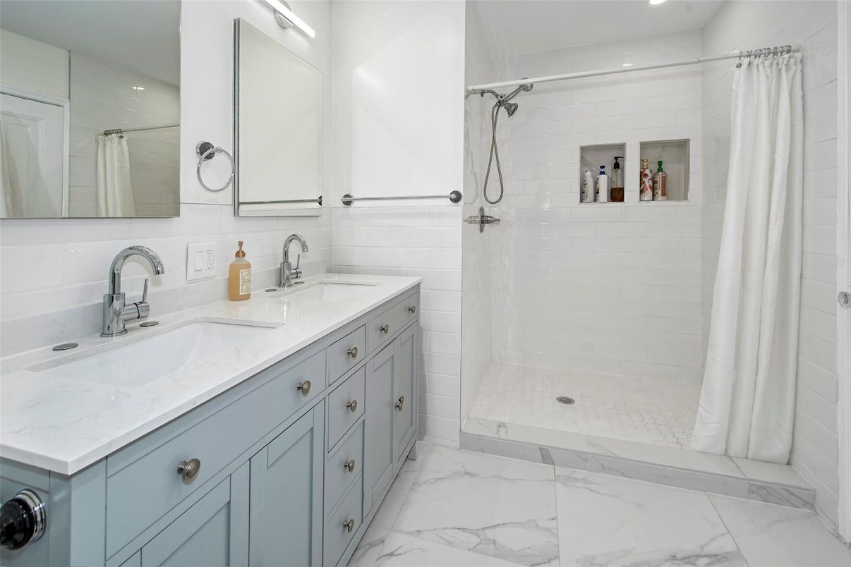 Bathroom, Dual Sink Vanities, Interior, Marble, Recessed Lighting