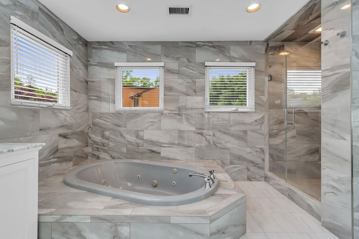 Bathroom, Glass Shower, Interior, Marble, Marble Walls, Recessed Lighting