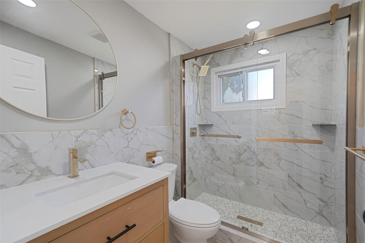 Bathroom, Glass Shower, Interior, Marble Walls, Recessed Lighting
