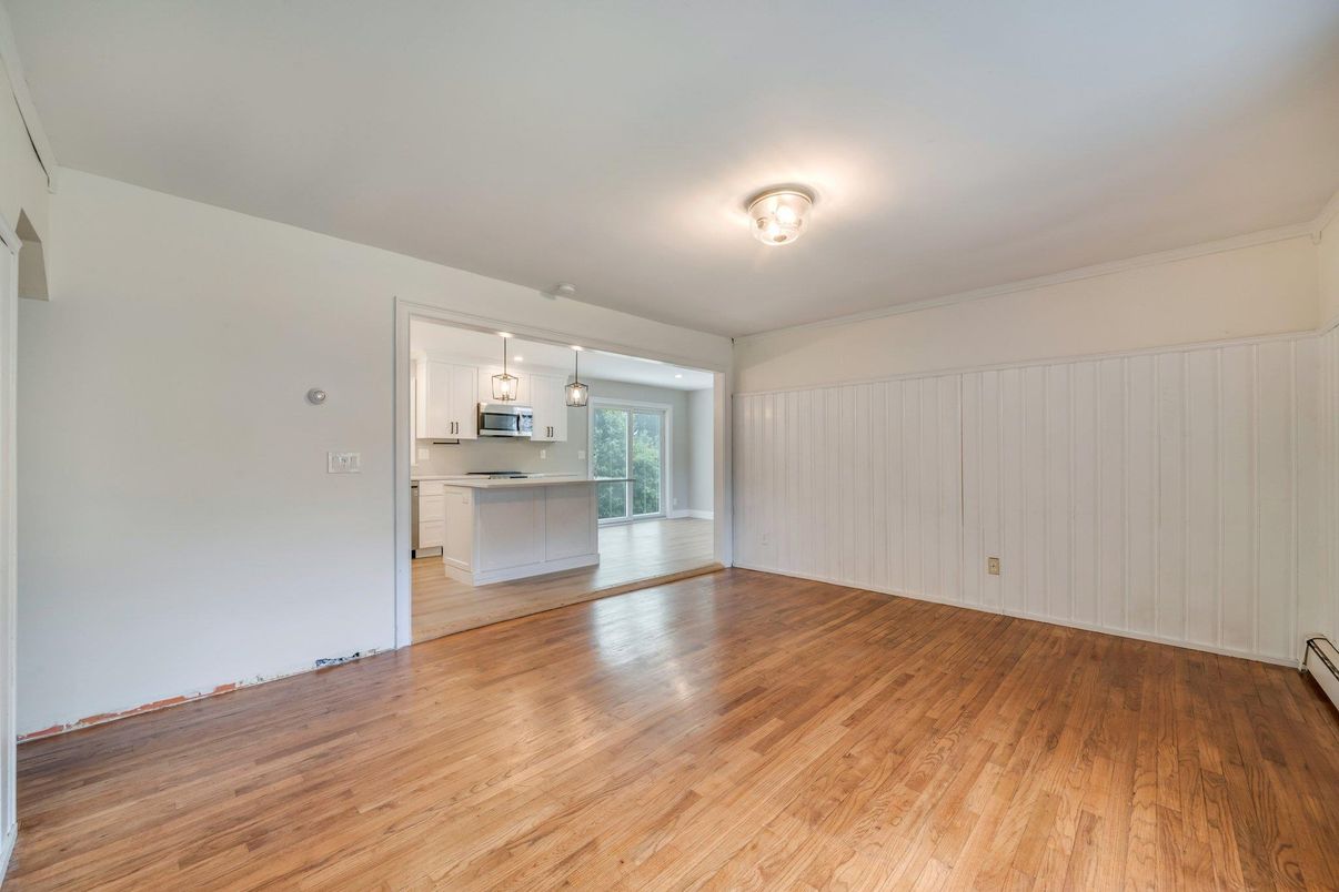 Empty room, Interior, Kitchen, Pendant Lights, Wood Texture Flooring