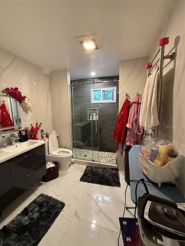 Bathroom, Glass Shower, Interior, Marble, Marble Walls, Recessed Lighting
