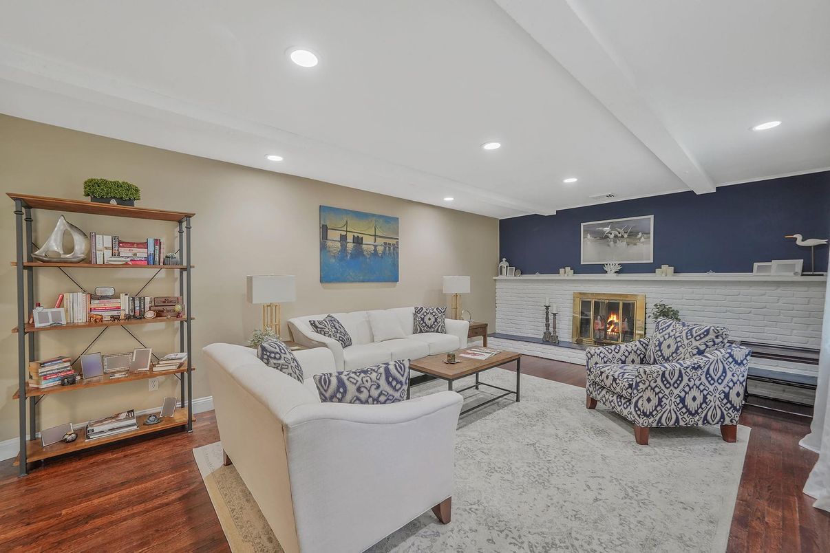 Fireplace, Interior, Living room, Recessed Lighting, Wood Texture Flooring