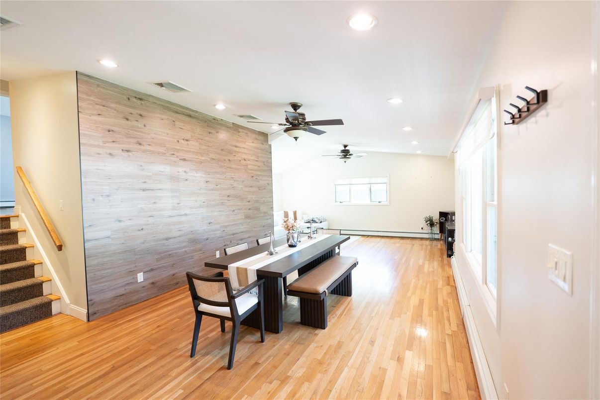 Dining room, Interior, Recessed Lighting, Wood Texture Flooring, Wooden Walls