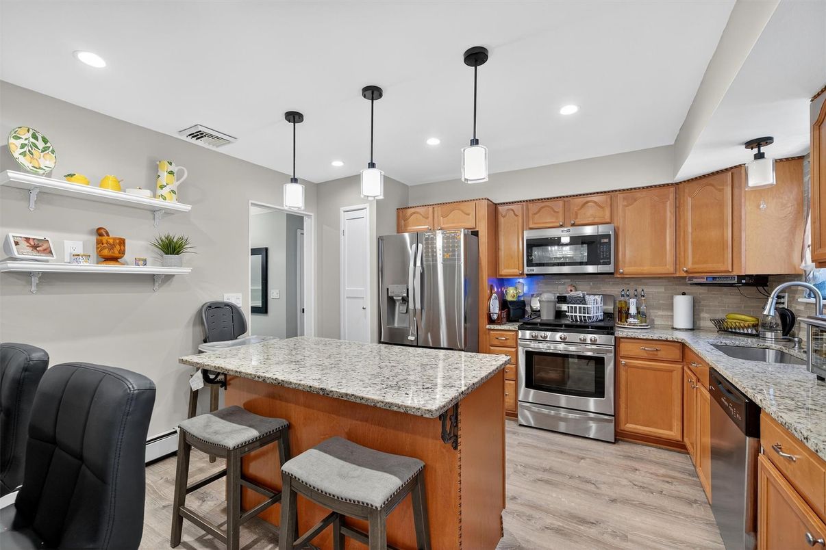Interior, Kitchen, Pendant Lights, Recessed Lighting, Stainless Steel Appliances, Wood Texture Flooring