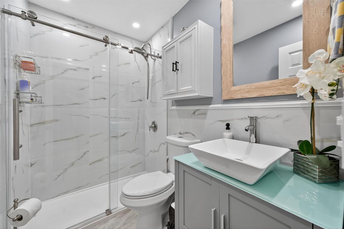 Bathroom, Glass Shower, Interior, Marble Walls, Recessed Lighting