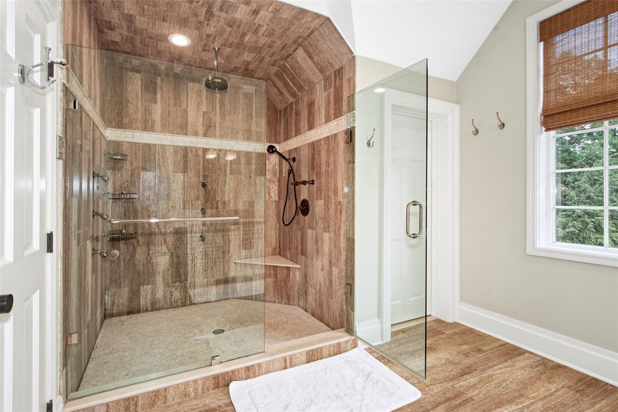 Bathroom, Glass Shower, Interior, Recessed Lighting, Wooden Ceilings, Wood Texture Flooring