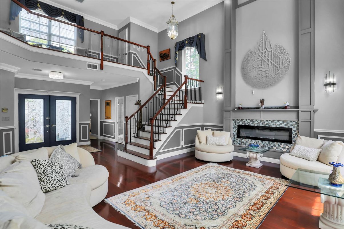 Fireplace, Interior, Living room, Pendant Lights, Wood Texture Flooring