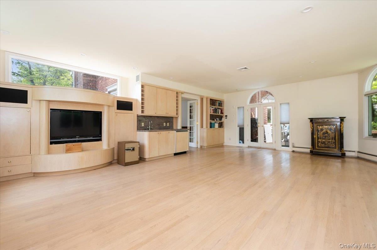 Empty room, Fireplace, Interior, Kitchen, Recessed Lighting, Wood Texture Flooring