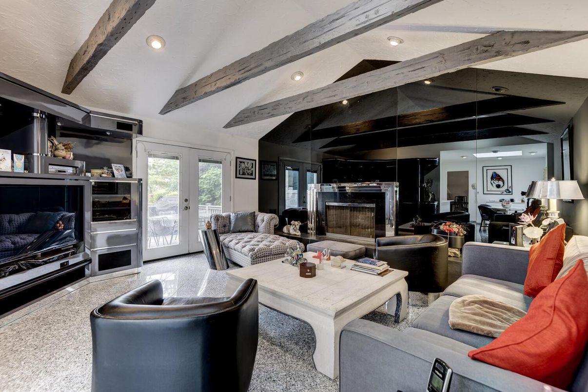 Fireplace, Interior, Living room, Recessed Lighting, Wooden Beams