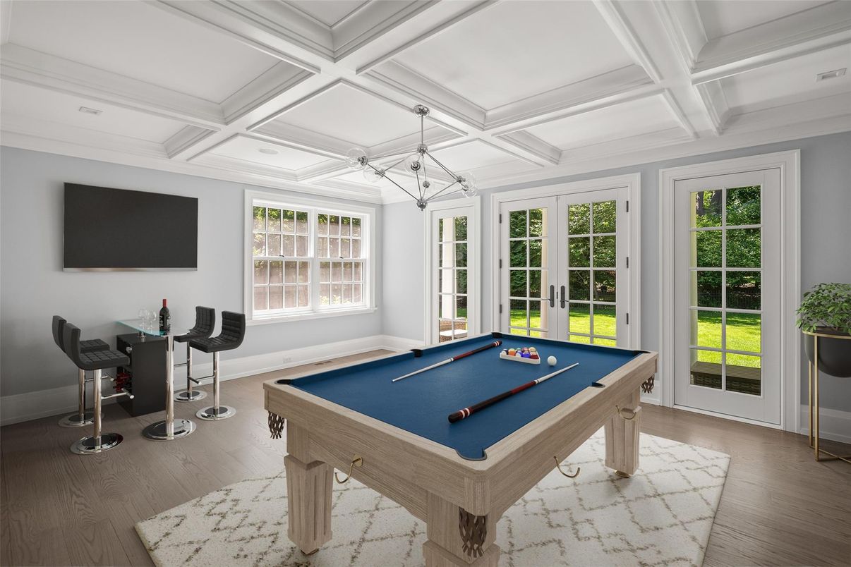 Billiard Table, Game Room, Interior, Pendant Lights, Wood Texture Flooring