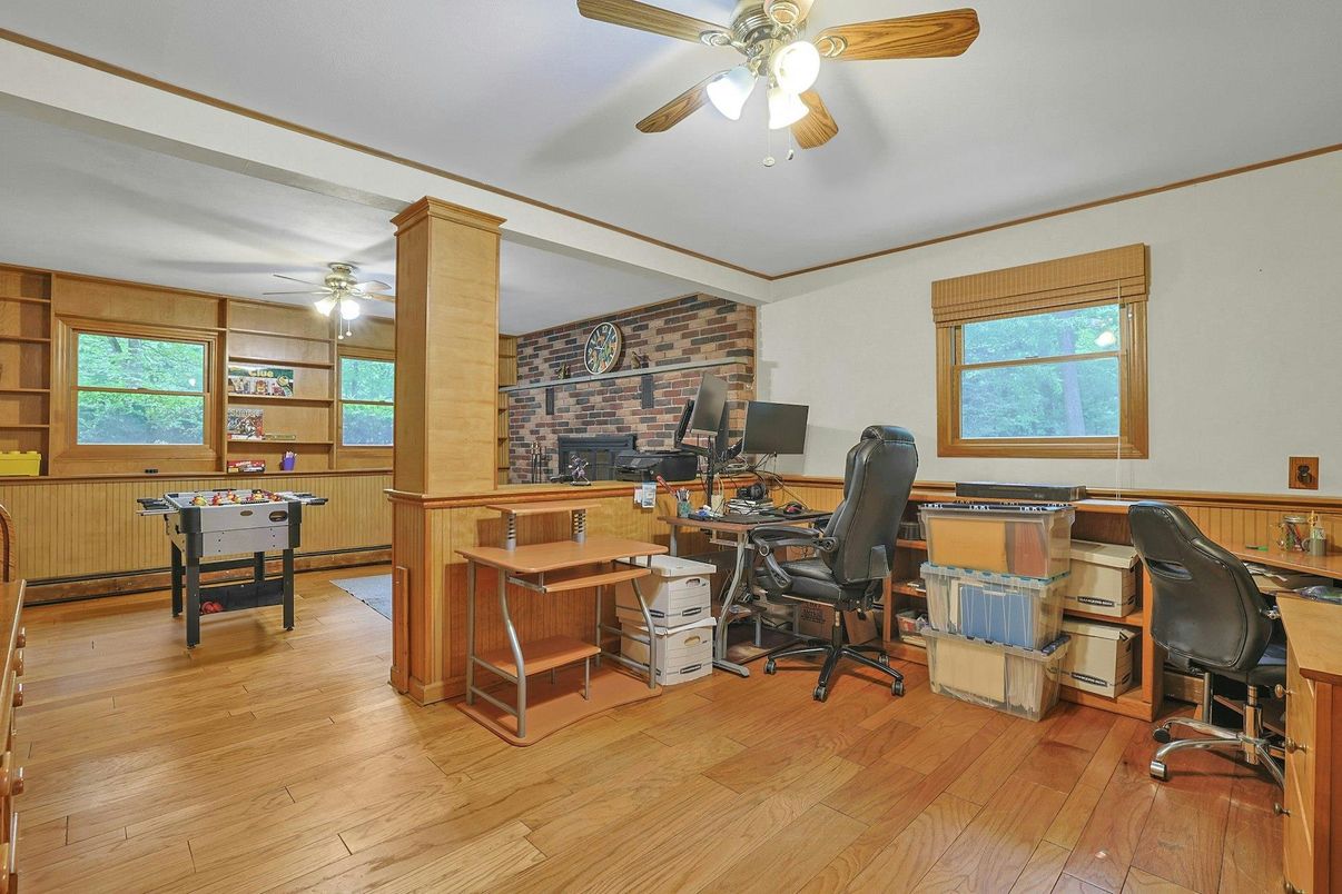 Fireplace, Home Office, Interior, Stone Walls, Wood Texture Flooring