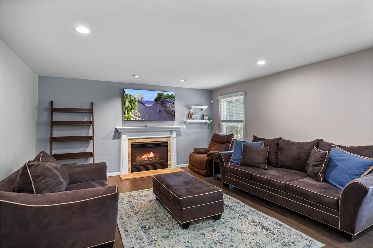 Fireplace, Interior, Living room, Recessed Lighting, Wood Texture Flooring