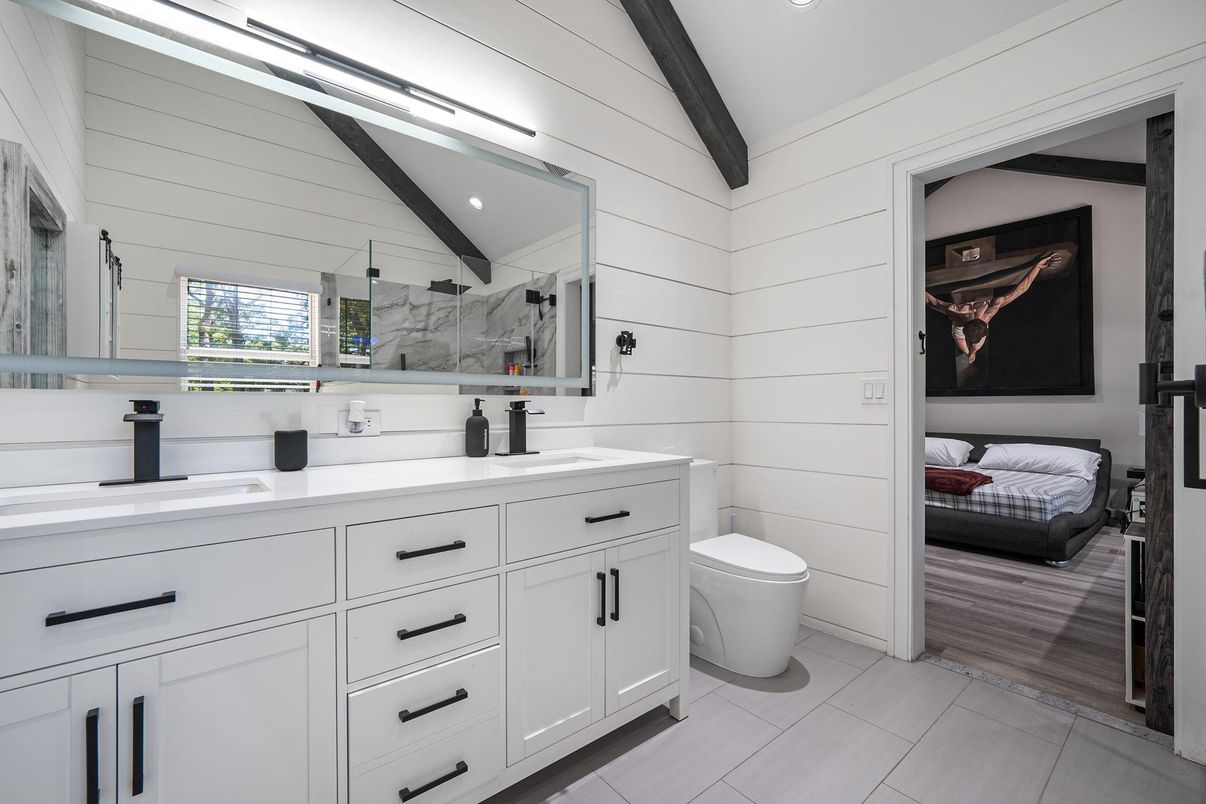 Bathroom, Dual Sink Vanities, Interior, Recessed Lighting, Wooden Beams, Wood Texture Flooring