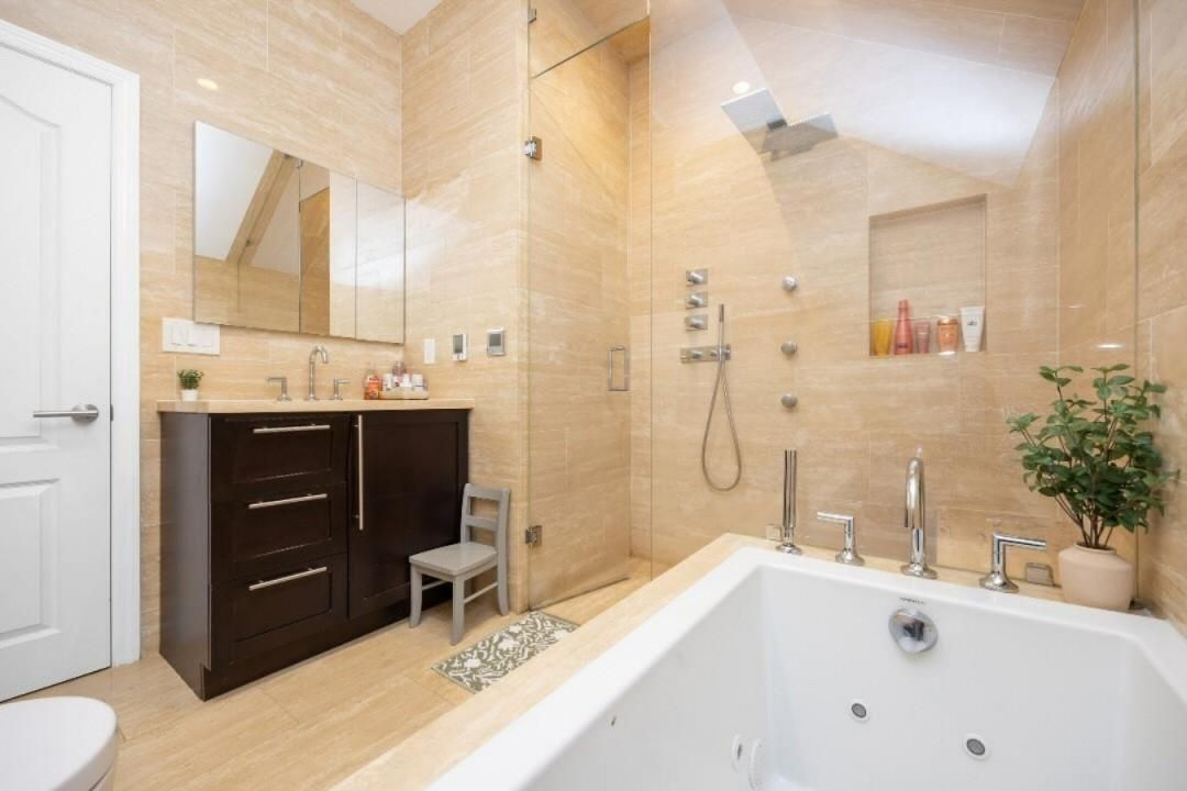 Bathroom, Dual Sink Vanities, Glass Shower, Interior, Recessed Lighting, Wood Texture Flooring