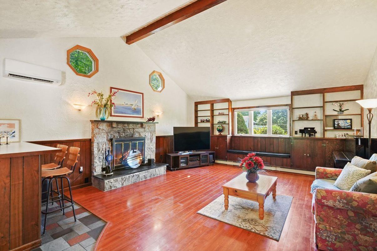 Fireplace, Interior, Living room, Wooden Beams, Wood Texture Flooring