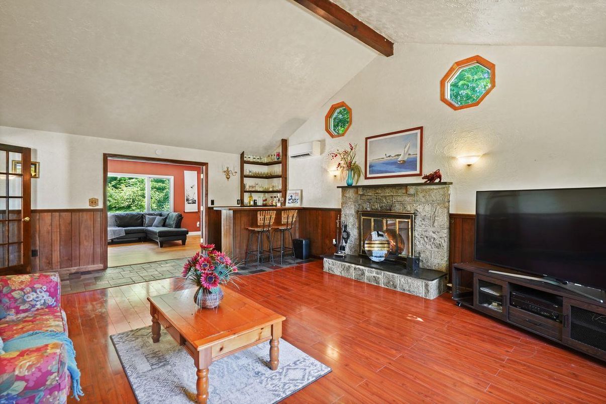 Fireplace, Interior, Living room, Wooden Beams, Wood Texture Flooring