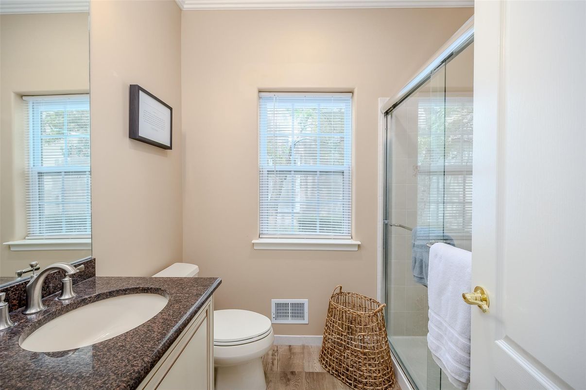 Bathroom, Glass Shower, Interior, Wood Texture Flooring