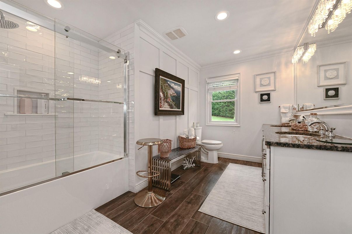 Bathroom, Glass Shower, Interior, Recessed Lighting, Wood Texture Flooring