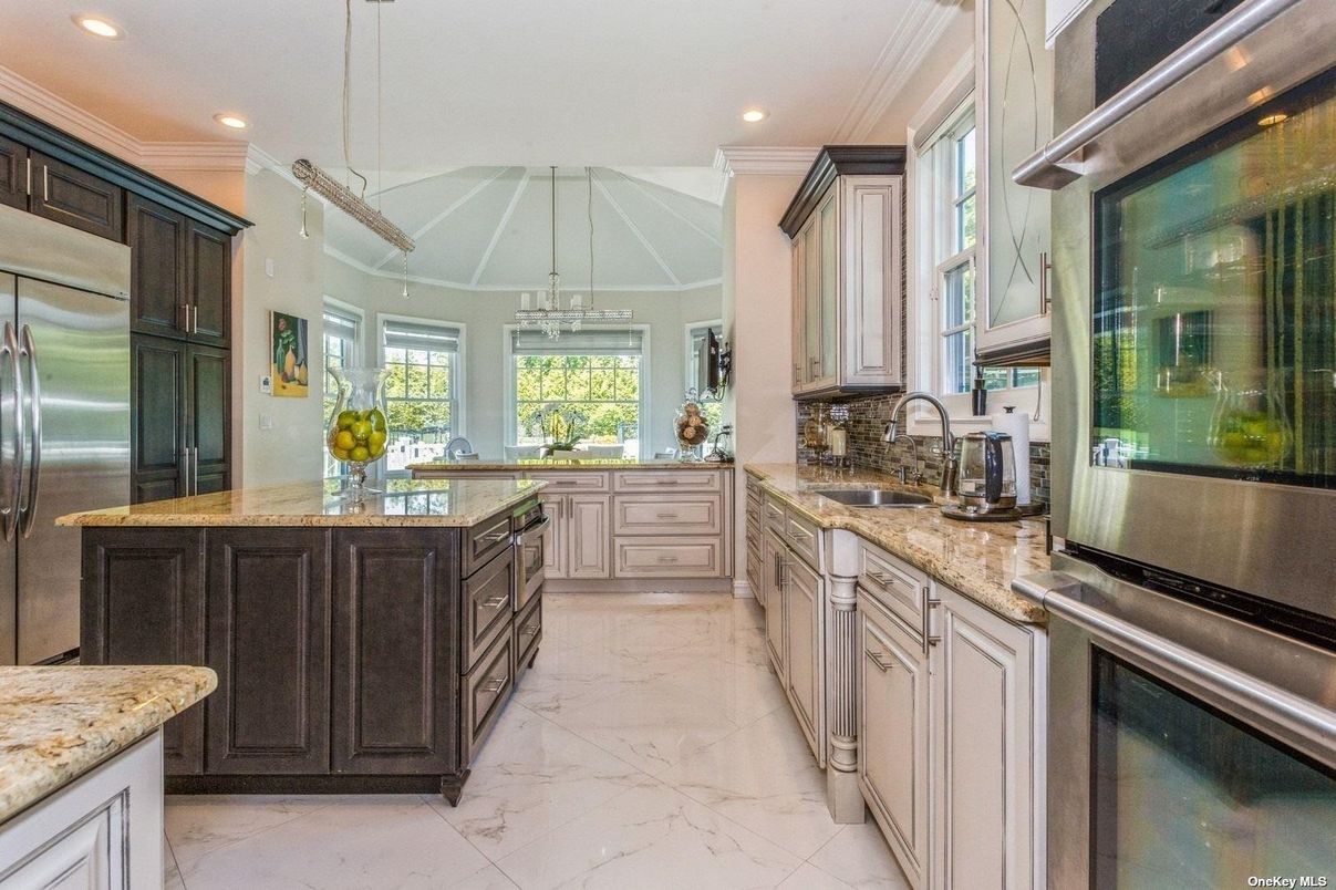 Interior, Kitchen, Marble, Pendant Lights, Recessed Lighting, Stainless Steel Appliances