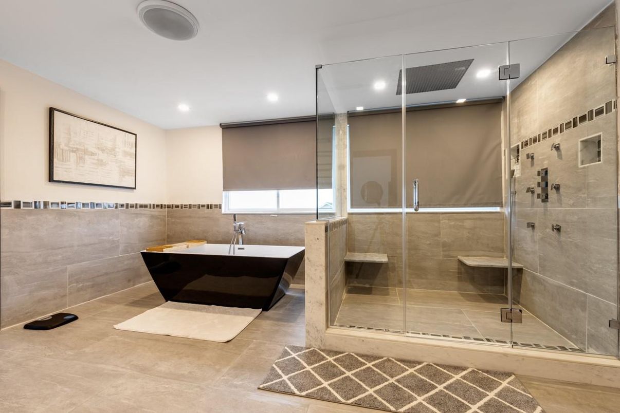Bathroom, Free Standing Baths, Glass Shower, Interior, Recessed Lighting