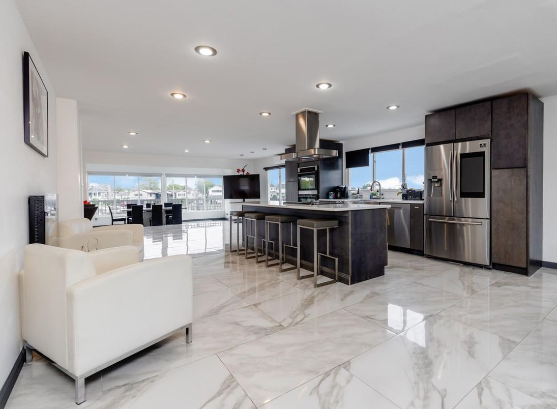 Dining room, Interior, Kitchen, Living room, Marble, Recessed Lighting, Stainless Steel Appliances