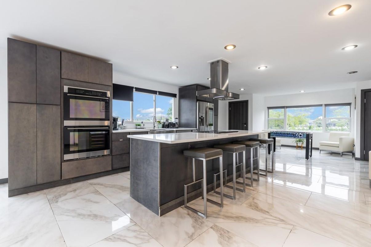 Interior, Kitchen, Marble, Recessed Lighting, Stainless Steel Appliances