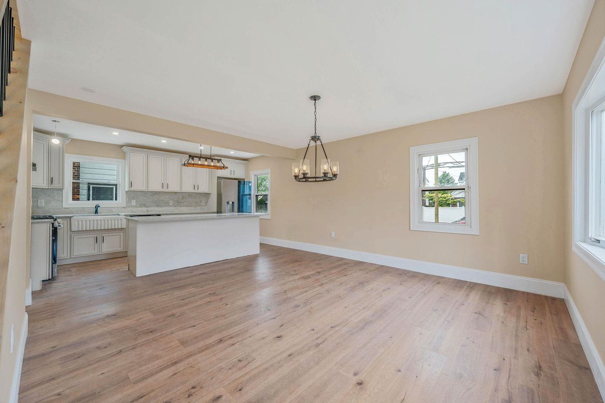 Empty room, Interior, Kitchen, Pendant Lights, Recessed Lighting, Wood Texture Flooring