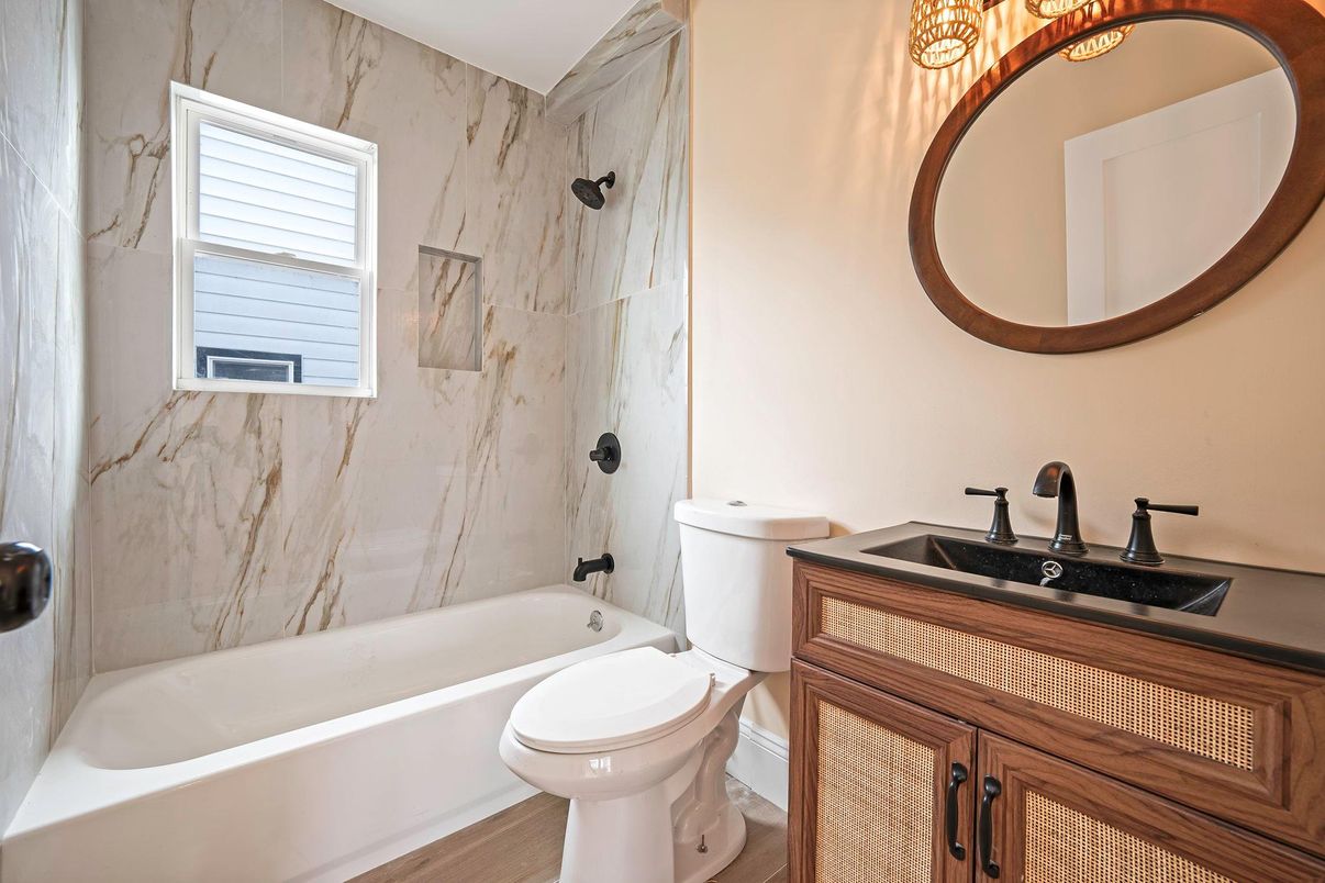 Bathroom, Interior, Marble Walls, Wood Texture Flooring