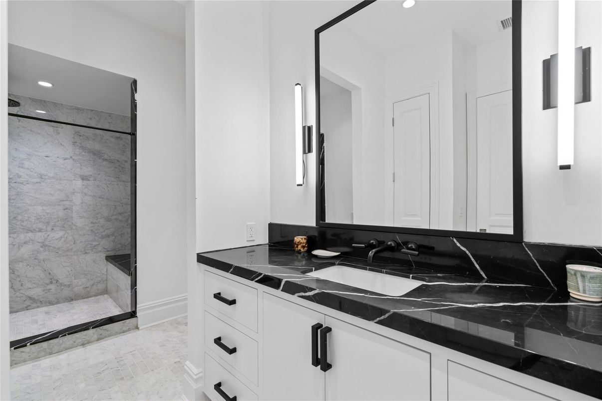 Bathroom, Glass Shower, Interior, Marble Walls, Recessed Lighting