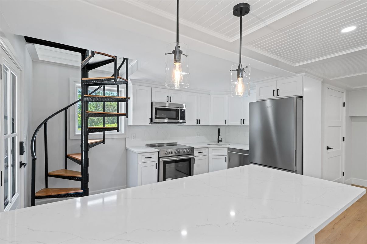 Interior, Kitchen, Pendant Lights, Recessed Lighting, Stainless Steel Appliances, Wood Texture Flooring