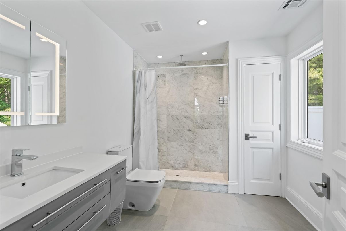 Bathroom, Glass Shower, Interior, Marble Walls, Recessed Lighting