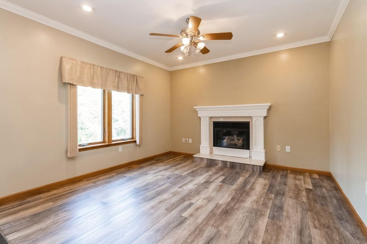 Empty room, Fireplace, Interior, Recessed Lighting, Wood Texture Flooring